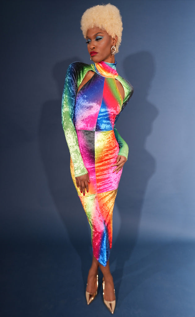Spectral Crushed Velvet Turtleneck Cut Out Dress - PREORDER