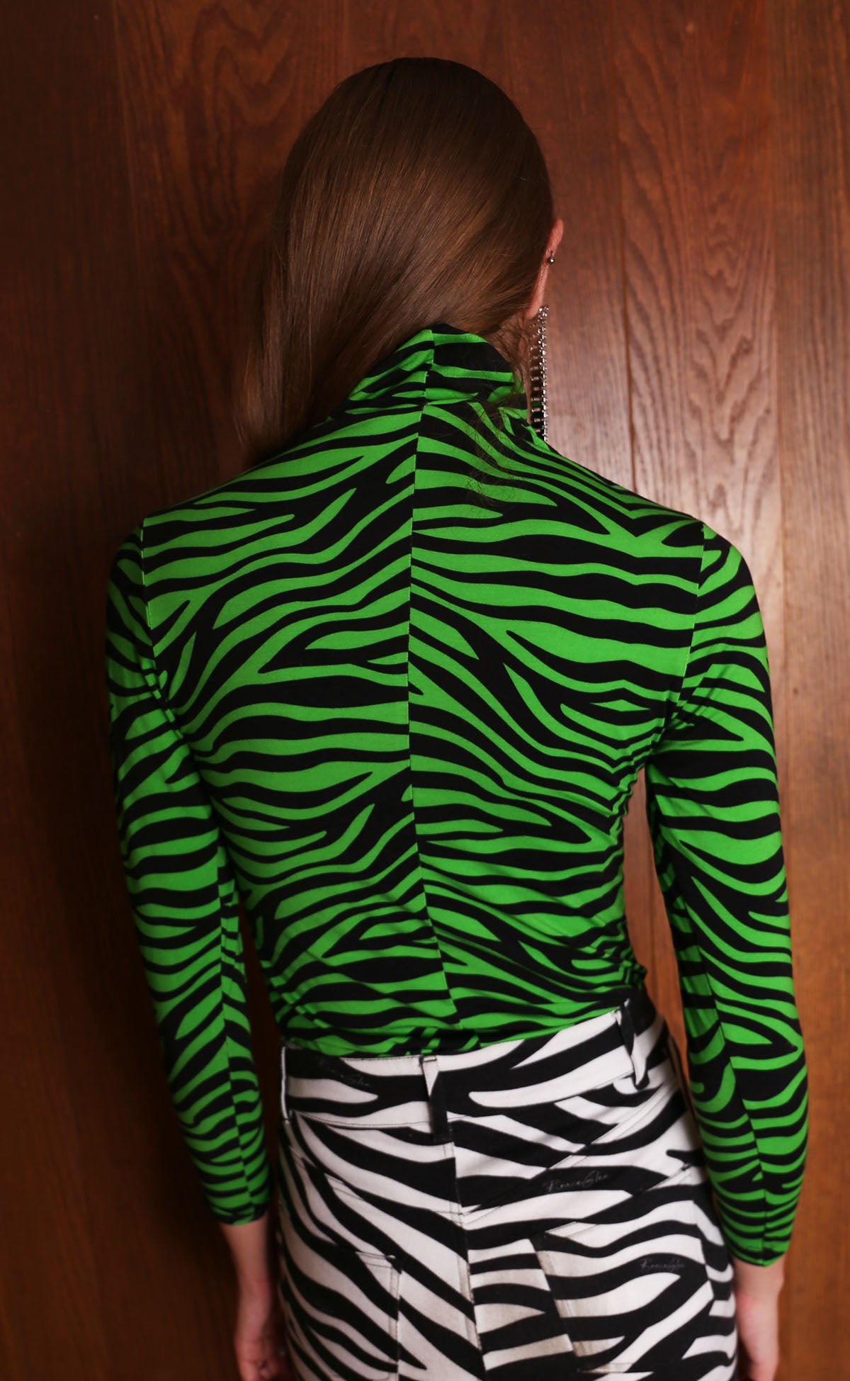 Women's Long Sleeve Turtleneck 2024 - Lime Zebra Repeat in Bamboo Cotton Jersey