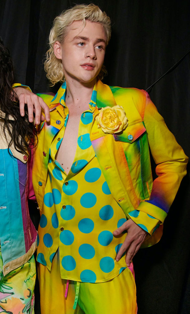 Genderless Yellow Dot Button Up Silk Shirt