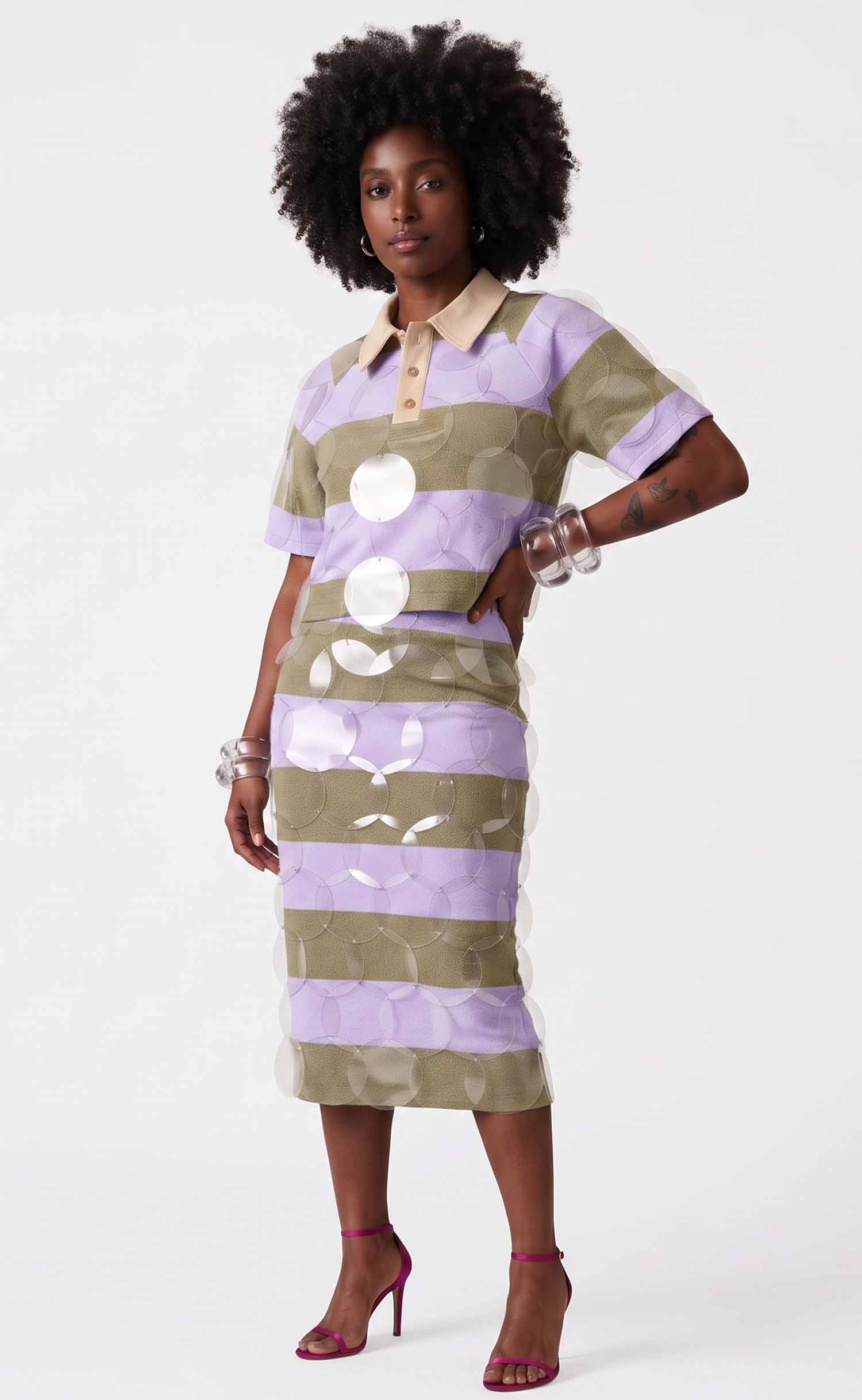 Lavender and Khaki Striped Bubbles Midi Skirt