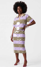 Lavender and Khaki Striped Bubbles Midi Skirt