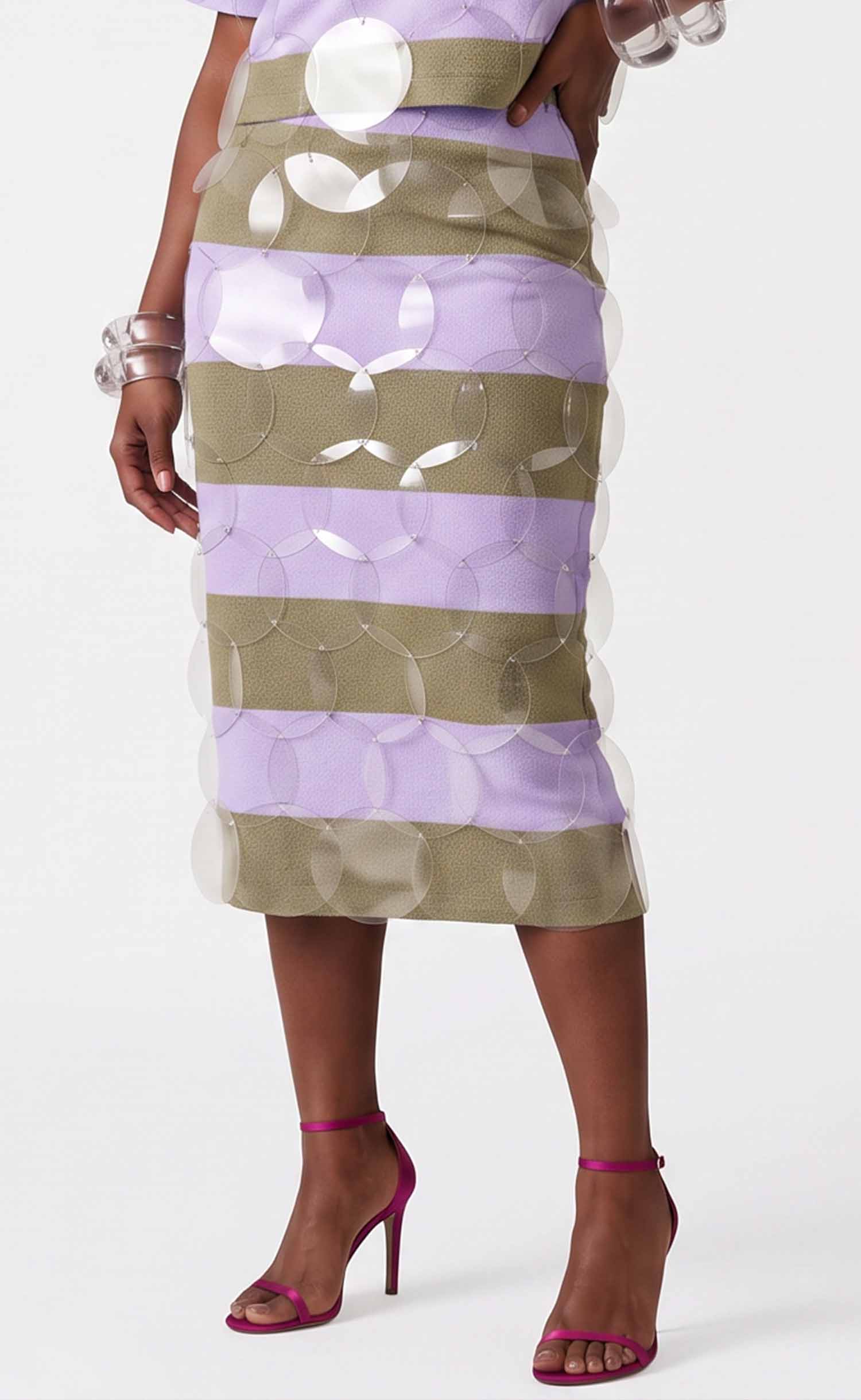 Lavender and Khaki Striped Bubbles Midi Skirt