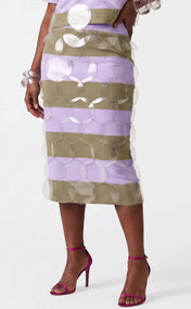 Lavender and Khaki Striped Bubbles Midi Skirt