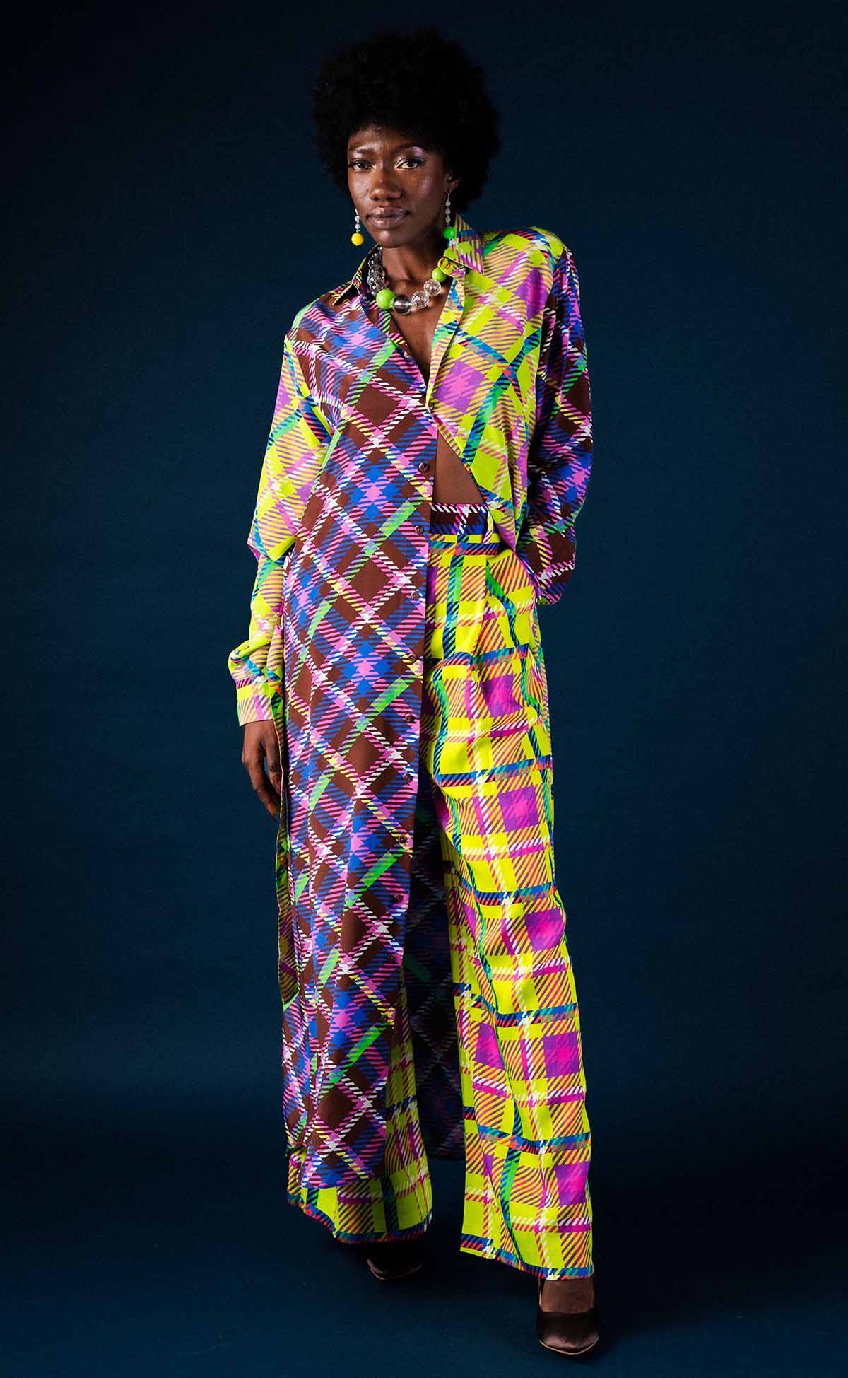 Chocolate and Lime Plaid Maxi Shirt Dress