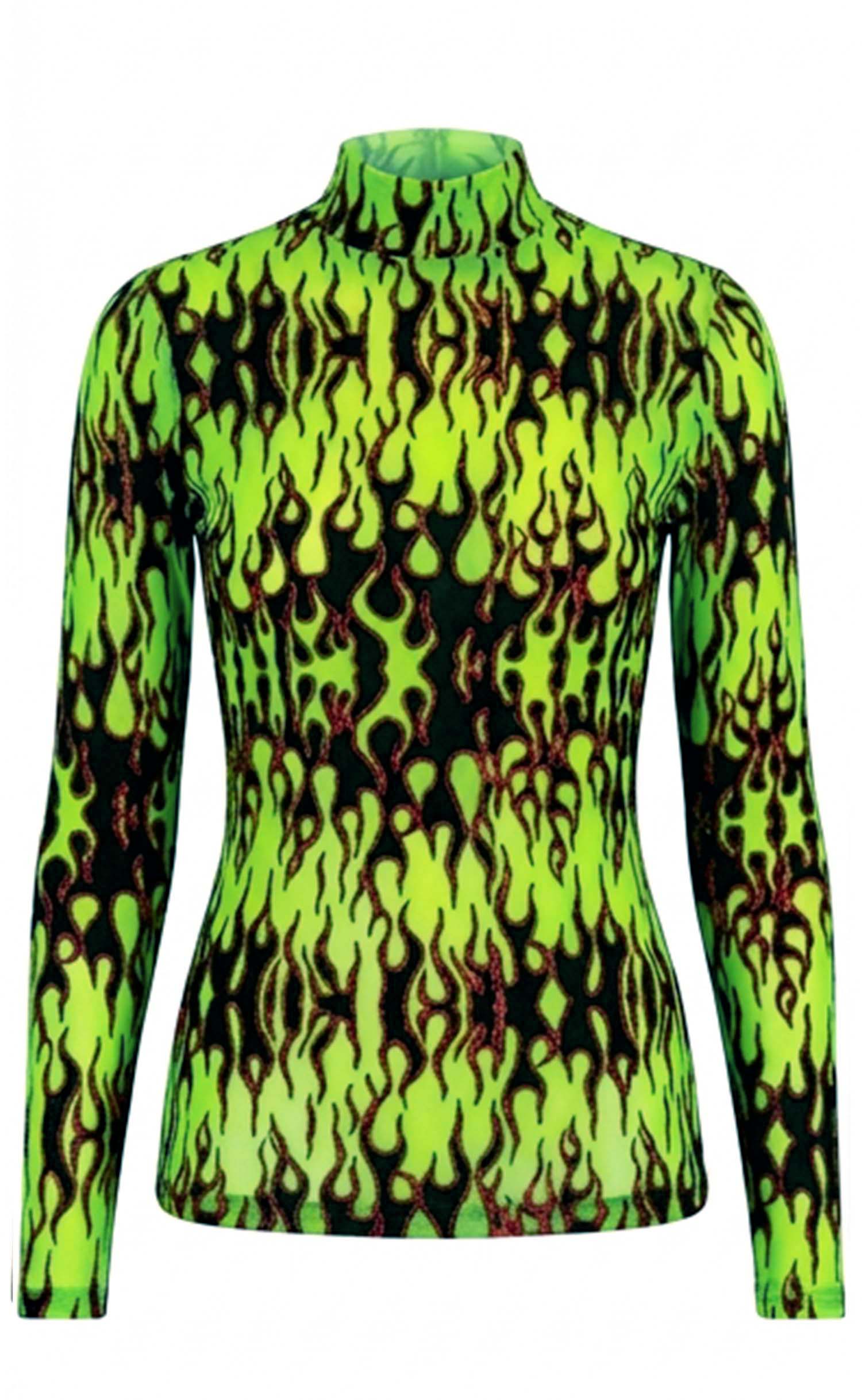 Neon Green Flame Power Mesh Mock Neck Top