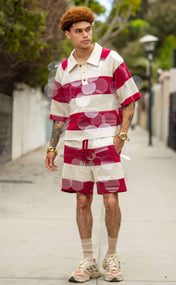 Crimson and Cream Striped Bubbles Drawstring Shorts