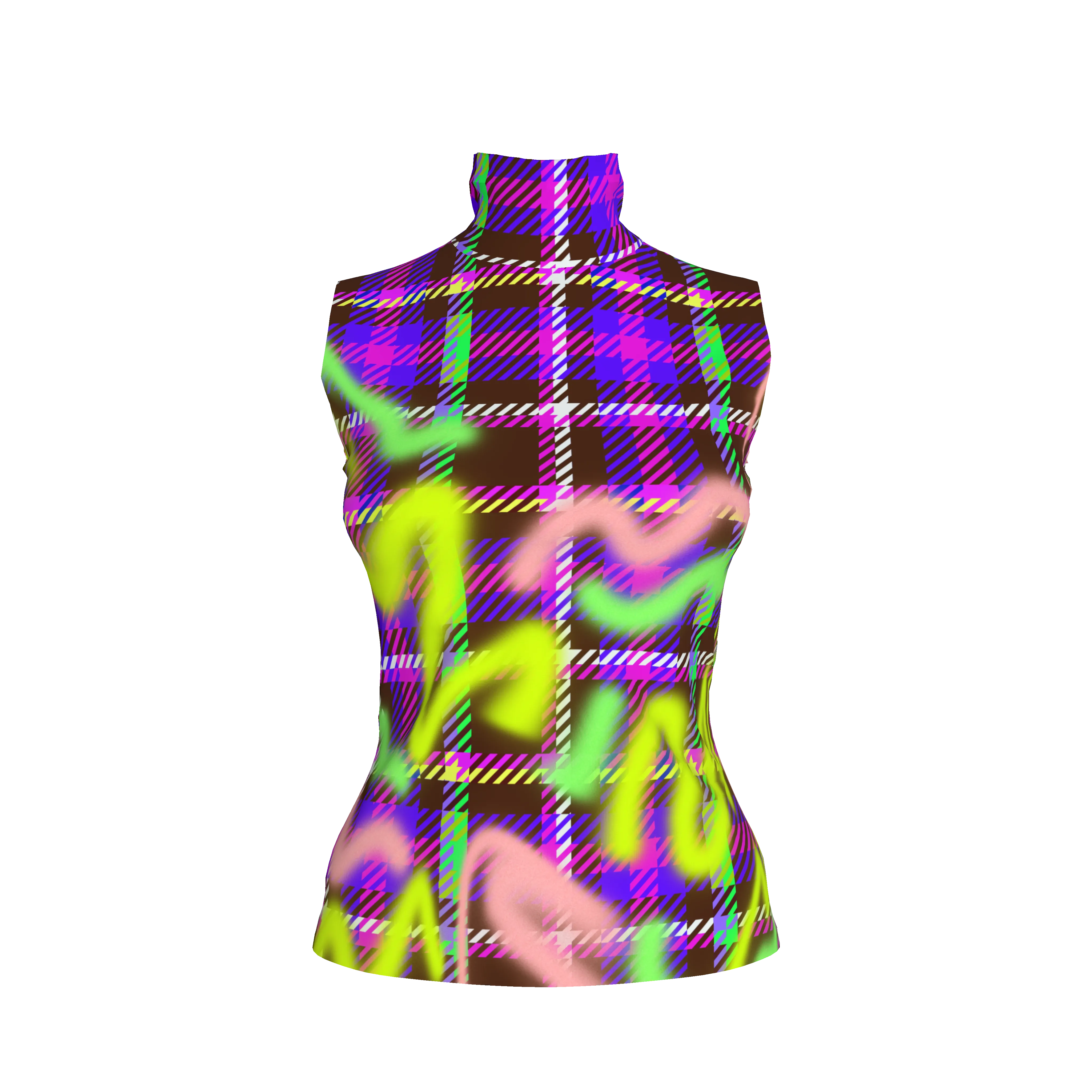 Chocolate Plaid Glitch Sleeveless Turtleneck