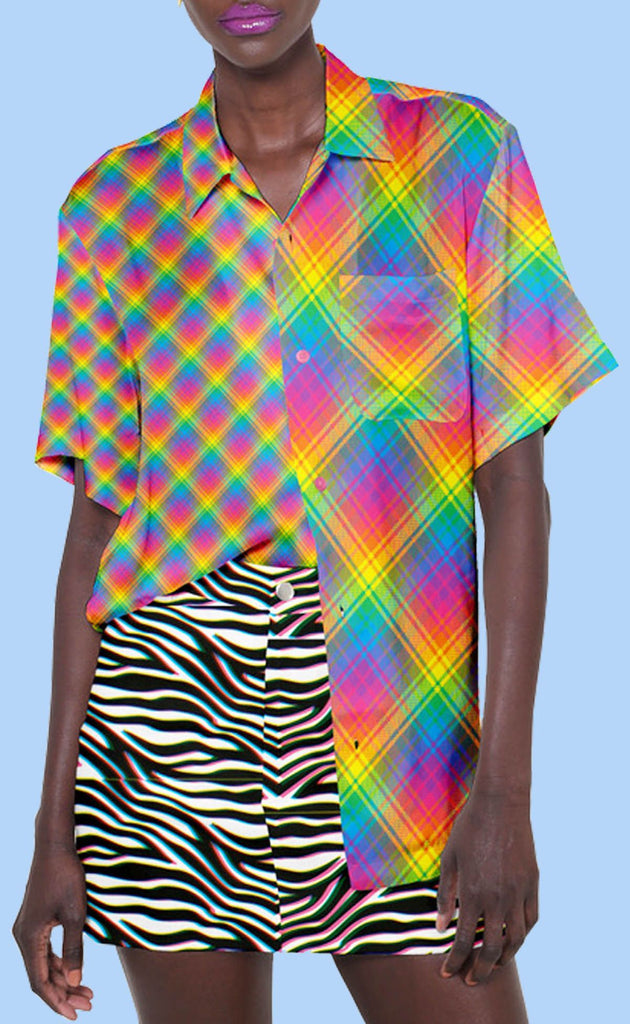 Unisex Rainbow Bias Plaid Silk Camp Shirt