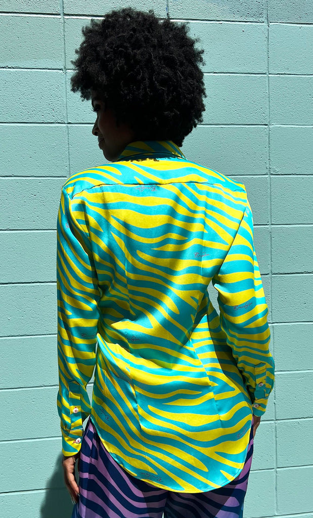 Neon Zebra Silk Button Up Shirt