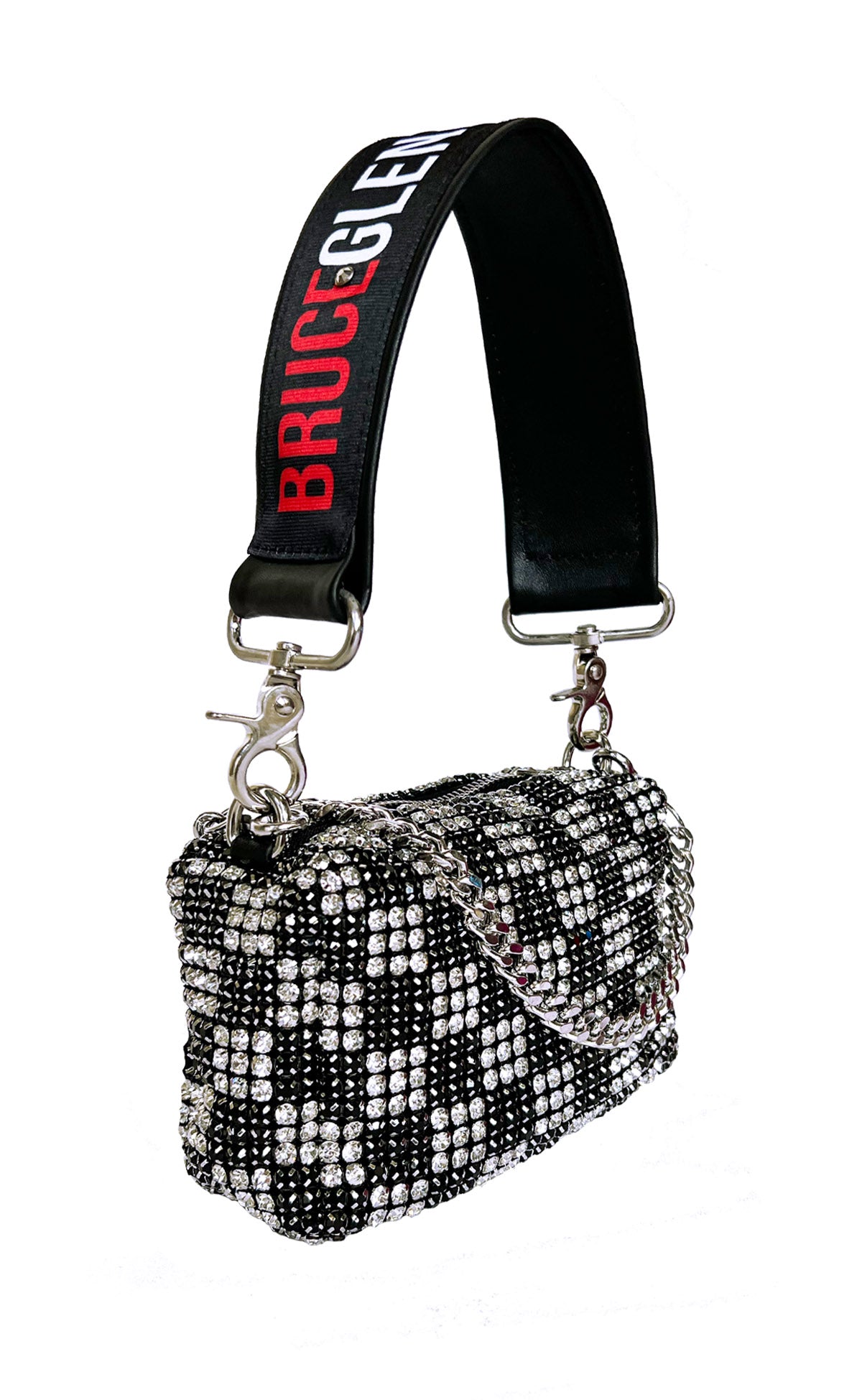 Black and White Check Sparkle Pouchette with 'Logo' Handle- NO CHAIN CROSSBODY
