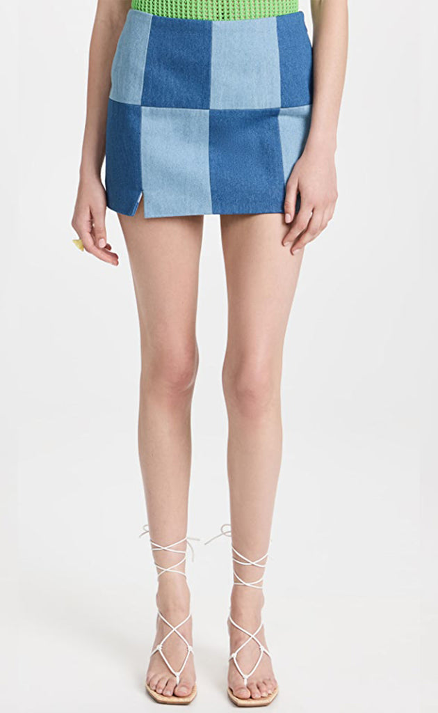 Denim Patchwork Checkered Mini Skirt