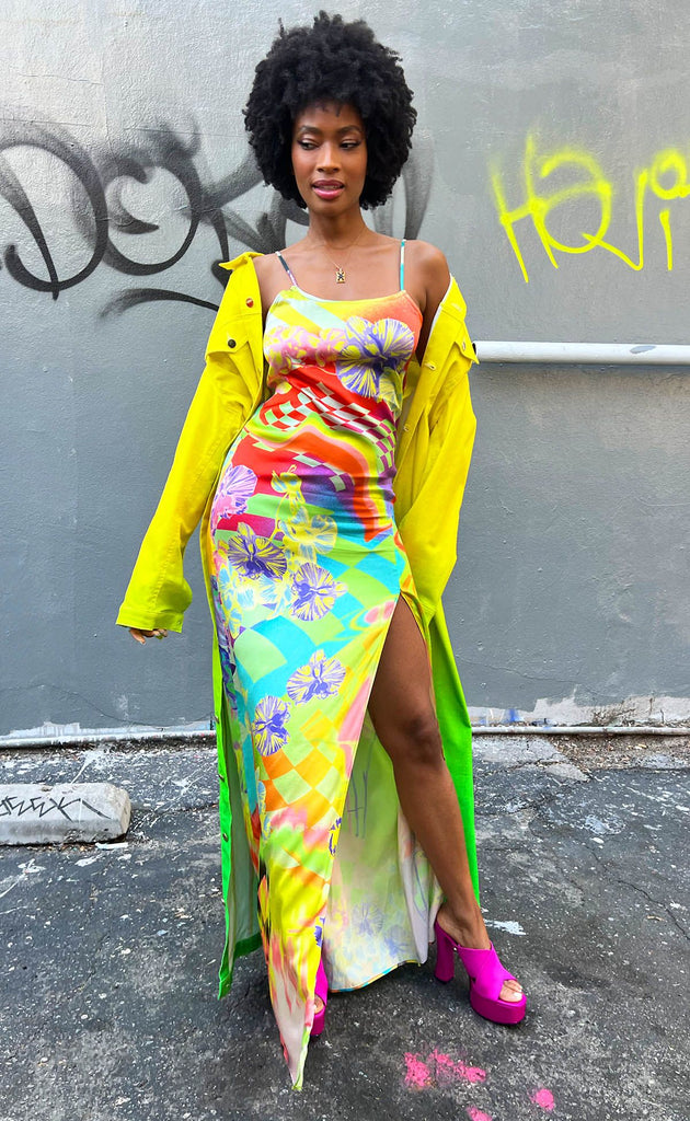 Graffiti Silk Maxi Slip Dress with High Slit