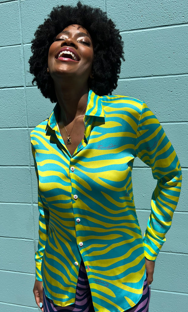 Neon Zebra Silk Button Up Shirt